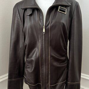 Lafayette 148 New York Women’s Brown Leather Jacket Size 8 Classic Luxury